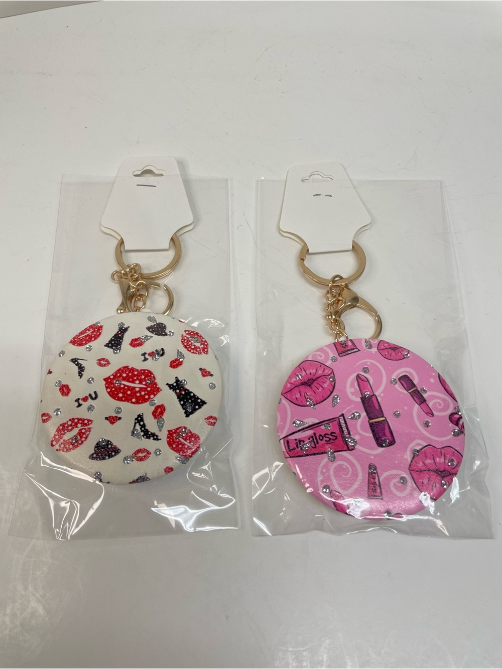 Lip Print & Makeup Round Keychain Mirror - Pink and White Set of 2